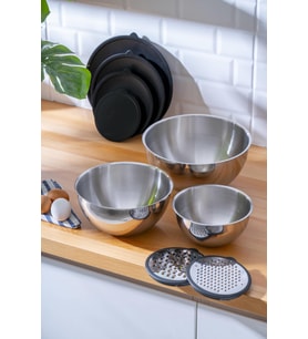 PratikŞef 9 Parça Rendeli Karıştırma ve Saklama Kabı Paslanmaz Çelik Blender Uyumlu (16-20-24 cm)