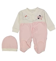 Kız Bebek Pudra Ekru Uğur Böceği Nakışlı Bereli Eldivenli Tulum