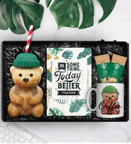 Bearista Şapkalı Pipetli Ayıcık Cam Bardak & Tasarım Kupa & Tasarım Defter & İkili Latte Hediye Seti