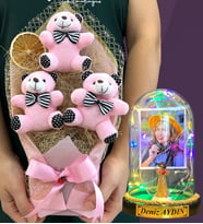 Kişiye Özel Renkli Led Işıklı Fanus ve Büyük Boy Pembe Ayıcık Buketi Hediye Seti (Model 5)