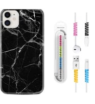 Apple iPhone 11 12 13 Mini Kılıf Kablo Koruma Spiral Silikon Fragile Black Mermer 1378