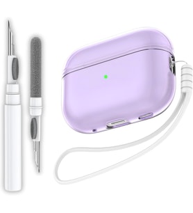 Pro 2. Nesil Uyumlu Şeffaf Lila Premium Kulaklık Kılıfı, Beyaz Kulaklık İpi ve 3'ü 1 Arada Bluetooth Kulaklık Temizleme Kalemi Seti (Şeffaf Lila - Beyaz)