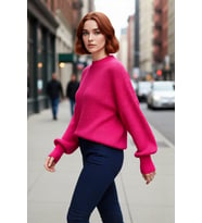 Kadın Oversize Balon Kol Selanik Dokuma Bisiklet Yaka Uzun Düz Basic Triko Kazak %100 Akrilik