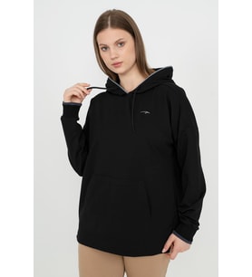 Maraton Büyük Beden Kadın Kapüşonlu Siyah Sweatshirt