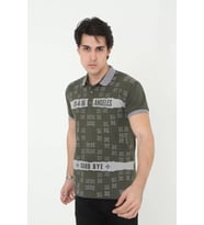Erkek Yakalı Slim Fit Baskılı T-Shirt - Haki