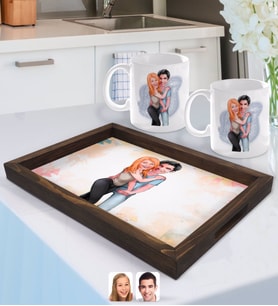 BK Gift Kişiye Özel Sevgililer Karikatürlü Doğal Ahşap Tepsi ve 2’li Kupa Bardak Seti-85