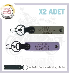 Hız Severlere, İsim Plaka ve 0 Rh + Kan Grubu Yazılı x2 Anahtarlık, Özel Hediyelik, Kül Gri-Mor-Laci (Çok Renkli)