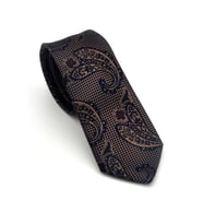 Kahverengi Şal Desenli Lacivert Dokuma Kumaş Mendilli Slim Fit Kravat // SDK-2606-2
