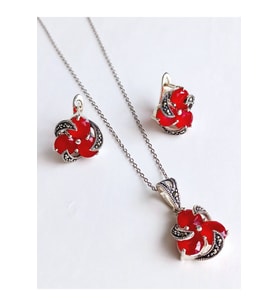 Gümüş Kırmızı Akik Markazit Taşlı Van Cleef Tasarım Kadın Set Kolye Küpe Öğretmenler Günü Hediye