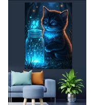 Neon Işıklı Kedi Çizimi Dekoratif Kanvas - Mdf Ahşap Tablo