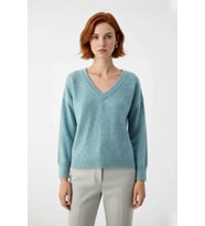 Modern Kadın Oversize V Yaka Triko Düz Düşük Kol Günlük Basic Kışlık Alpaka Karışımlı Kazak