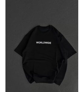 Unisex Bisiklet Yaka Baskılı Oversize T-Shirt - Siyah