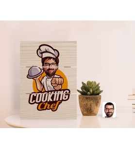 BK Gift Kişiye Özel Erkek Chef Karikatürlü Otantik Masaüstü Ahşap Palet Çerçeve-15 (Beyaz)