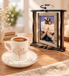 Kişiye Özel 2 Fotoğraflı Dönen Ahşap Çerçeve ve Hayat Ağacı Porselen Kahve Fincanı