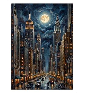 Dolunaylı New York Gece Manzarası Dekoratif Kanvas - Mdf Ahşap Tablo