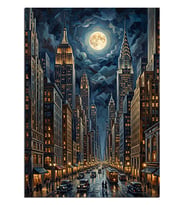 Dolunaylı New York Gece Manzarası Dekoratif Kanvas - Mdf Ahşap Tablo