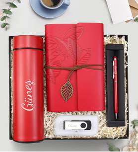 Kişiye Özel Kırmızı Dereceli Termos & Deri Kapaklı Vintage Anı-Seyahat Defteri & Siyah Touch Tükenmez Kalem & USB Bellek Hediye Seti
