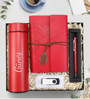 Kişiye Özel Kırmızı Dereceli Termos & Deri Kapaklı Vintage Anı-Seyahat Defteri & Siyah Touch Tükenmez Kalem & USB Bellek Hediye Seti