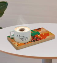 BK Gift Kişiye Özel Modern Art Tasarımlı Doğal Ahşap Tabaklı Seramik Fincan Sunum Seti  Model 3