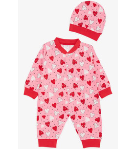 Breeze Kız Bebek Tulum Renkli Gülenyüz Kalp Desenli 0-3 Ay-6 Ay, Pembe