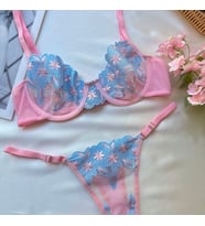 Pembe Mavi Çiçekli Balenli Sütyen Takım (Pembe-Mavi)
