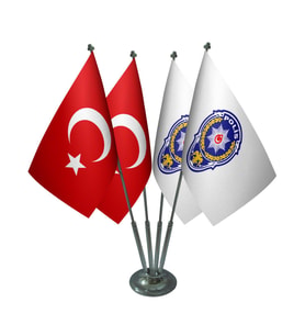 Masa Üstü Polis Arması Bayrağı Türk Bayrağı Dörtlü Krom Direk Masa Bayrak Seti