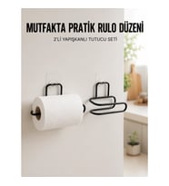 Mey İthalat® 2’li Siyah Metal Rulo Kağıt Tutucu Yapışkanlı Banyo ve Mutfak Kağıtlık