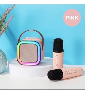 Taşınabilir Çift Karaoke Mikrofonlu Hoparlör Kablosuz Bluetooth 5 Ses Efektli Pembe Renk