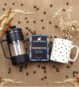 Siyah French Press & Alerya Premium Filtre Kahve & Geometrik Detaylı Kupa Hediye Seti