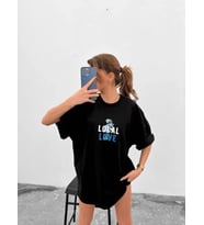 Unisex Bisiklet Yaka Baskılı Oversize T-Shirt - Siyah