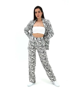 Zebra Desen Yüksek Bel Keten Pantolon - Siyah