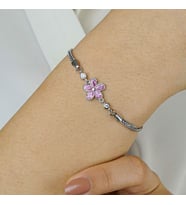 Pembe Renkli Çiçek Tasarımlı 925 Ayar Gümüş Bileklik