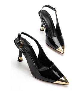 Kadın Siyah Rugan Gold Burun Detaylı Özel Tasarım İnce Topuklu Stiletto