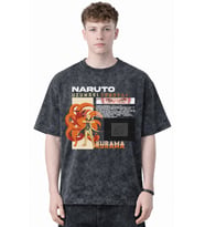 Tasarım Naruto Uzumaki Kurama Anime Baskılı Unisex Oversize Eskitme Yıkamalı Tişört