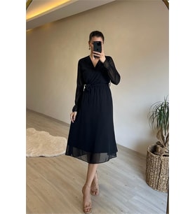 Neşeli butik kadın midi boy kruvaze yaka kuşaklı şifon elbise NM013 (Siyah)