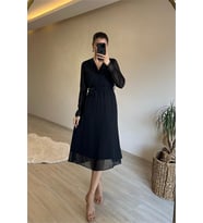 Neşeli butik kadın midi boy kruvaze yaka kuşaklı şifon elbise NM013 (Siyah)