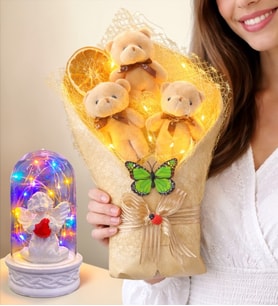 Premium Led Işıklı Büyük Peluş Ayıcık Buketi (Renkli Led Işıklı Beyaz Melek Fanus Hediyeli)