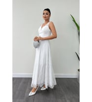Simli Kumş Askılı Midi Elbise - BEYAZ