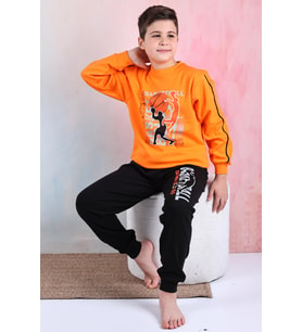 Yeni Sezon Erkek Çocuk Gez Garson Basketball Uzun Kollu Pamuk İnterlok Pijama Takımı 5154-Turuncu