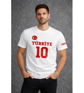 Erkek TÜRKİYE Ay Yıldız Baskılı 10 Numara Forma Tişört Taraftar T-Shirt - Beyaz