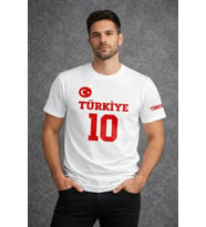 Erkek TÜRKİYE Ay Yıldız Baskılı 10 Numara Forma Tişört Taraftar T-Shirt - Beyaz