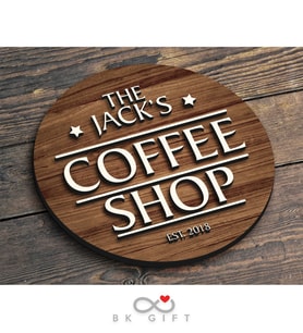 BK Gift Kişiye Özel Dekoratif Yuvarlak Ahşap Coffee Shop Tabelası 43cm - Model 4