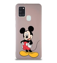 Samsung Galaxy A21S Soft Premier Kapak Mickey Mouse-E Tasarımlı Silikon Kılıf - Pudra (Şeffaf)