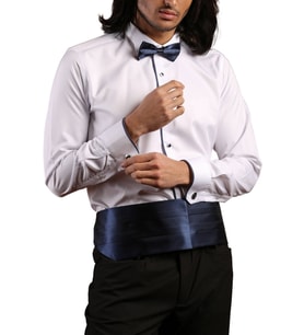 Beyaz Lacivert Tek Bieli Damatlık Ata Yaka Kol Düğmeli Slim Fit Smokin Gömlek - 028