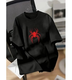 Kadın Kısa Kol Yazlık Tişört Bisiklet Yaka Spider Baskılı T-Shirt - Siyah
