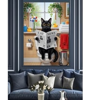 Tuvalette Gazete Okuyan Kedi Dekoratif Kanvas - Mdf Ahşap Tablo