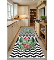 Zigzag Flamingo2 Göbek Beyaz Yıkanabilir Mutfak Halısı