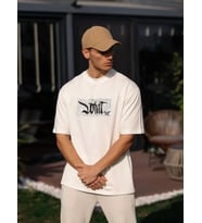 pilelistore- Unisex Bisiklet Yaka Baskılı Oversize T-Shirt - Beyaz