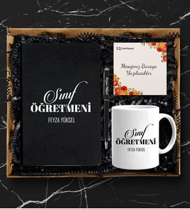 Kişiye Özel Öğretmen Tasarımlı Siyah Defter Kalem Kupa Seti