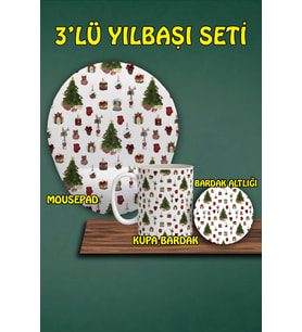 Yılbaşı Temalı 3'lü Bilek Destekli Mousepad Kupa Ve Bardak Altlığı Seti